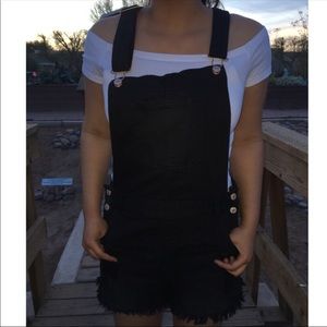 Black denim distressed overalls